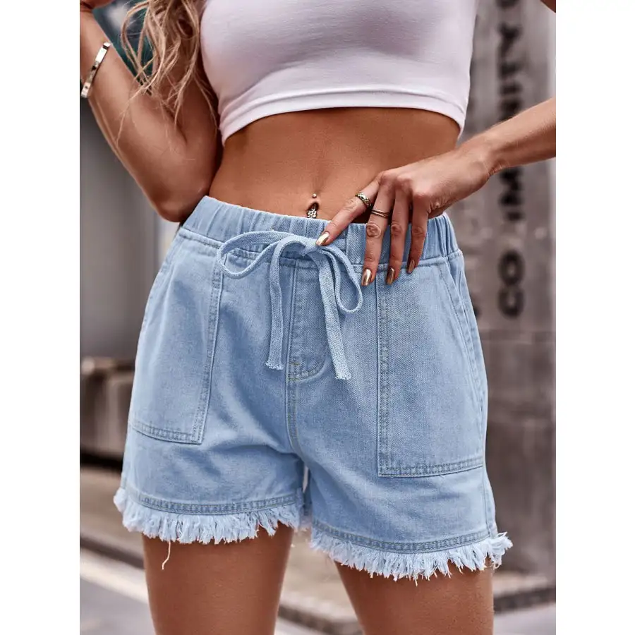 Drawstring Raw Hem Denim Shorts