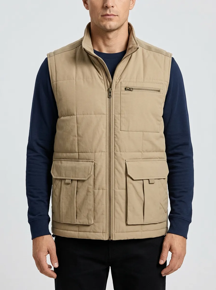 Sleeveless Outdoor-Inspired Quilted Cargo-Style Jacket for Men
