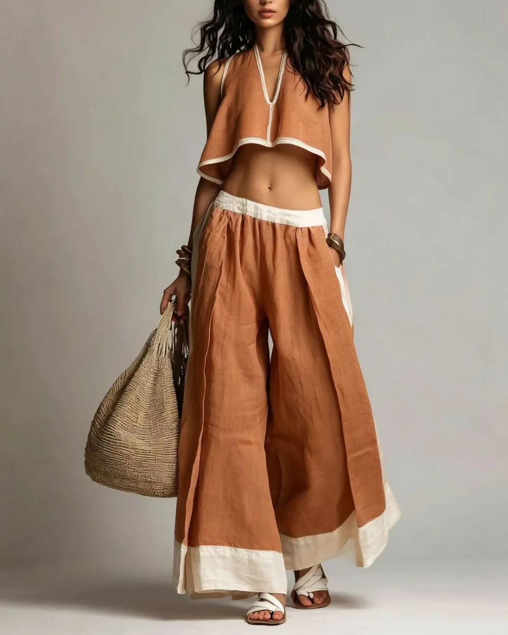 Plunging V-Neck Crop Top and Wide Leg Pants Set