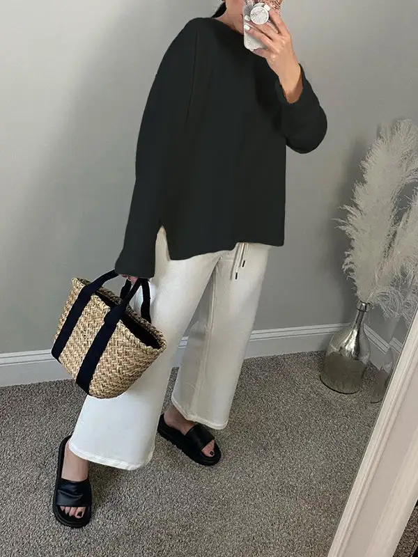 High Low Long Sleeve Panel Detail Side Slit Round Neck T-Shirt