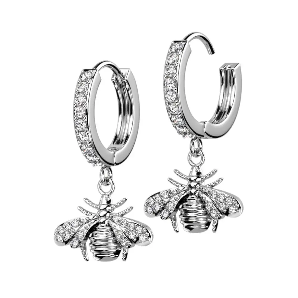Bee Dangle Paved Cubic Zirconia Hoop Earrings Steel