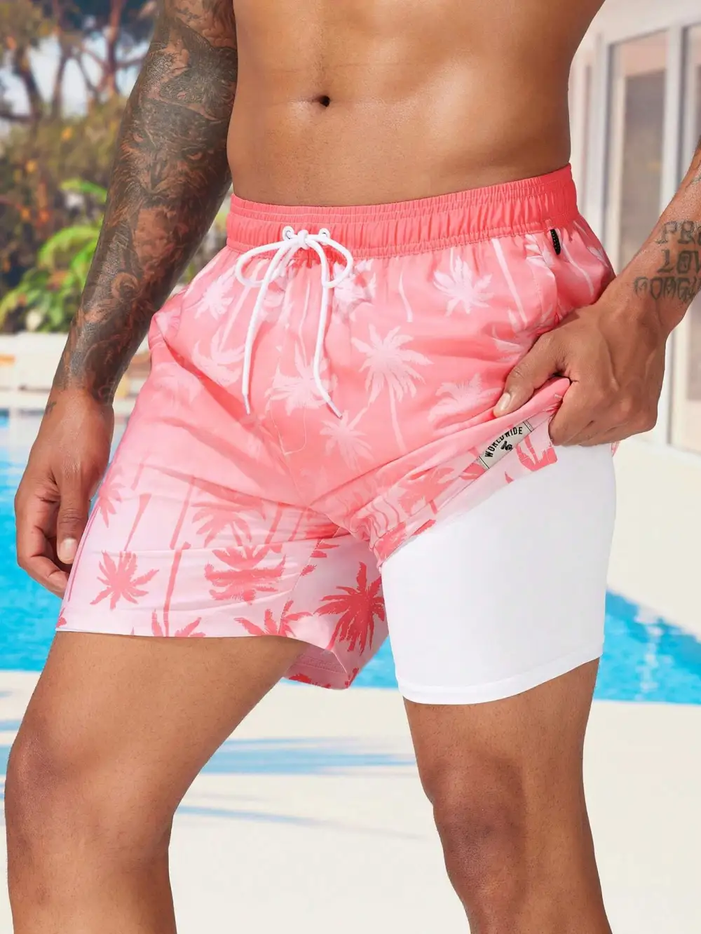 Men's Drawstring Coconut Tree Print Pocket Swim Trunks
