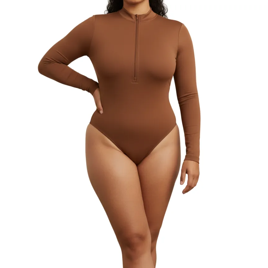 Zip Front Long Sleeve Thong Bodysuit