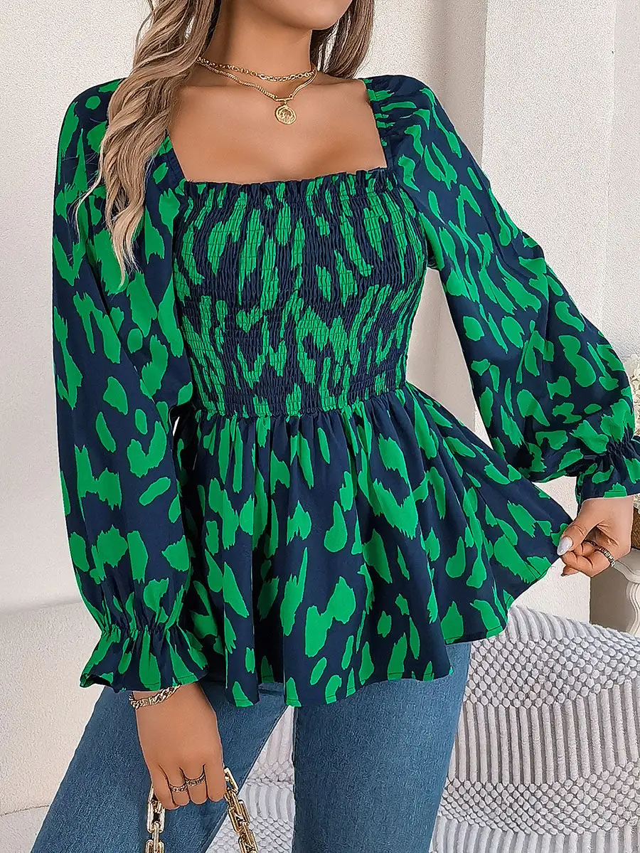 Long Sleeve Puff Sleeve Leopard Pleat Detail Ruffle Square Neck T-Shirt