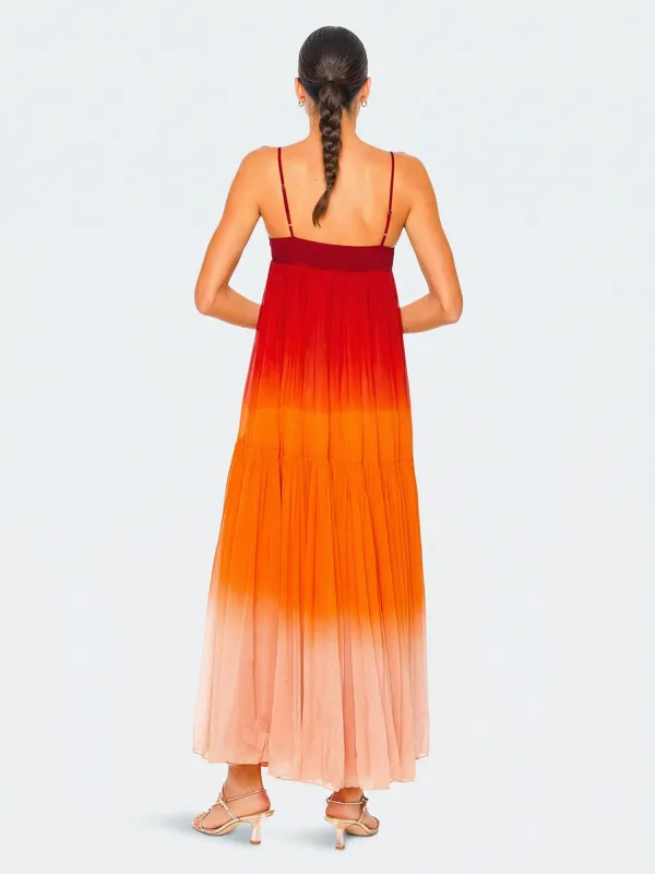 Sunset Gradient Pleated Tiered Maxi Dress