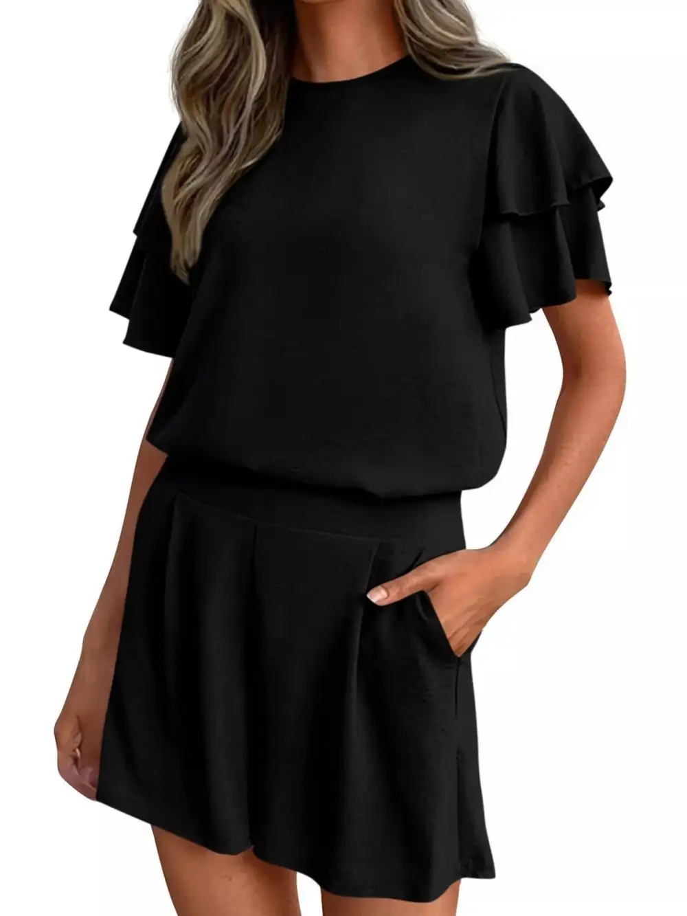 Ruffle Sleeve Top and Shorts Two-piece Set Everyday Look