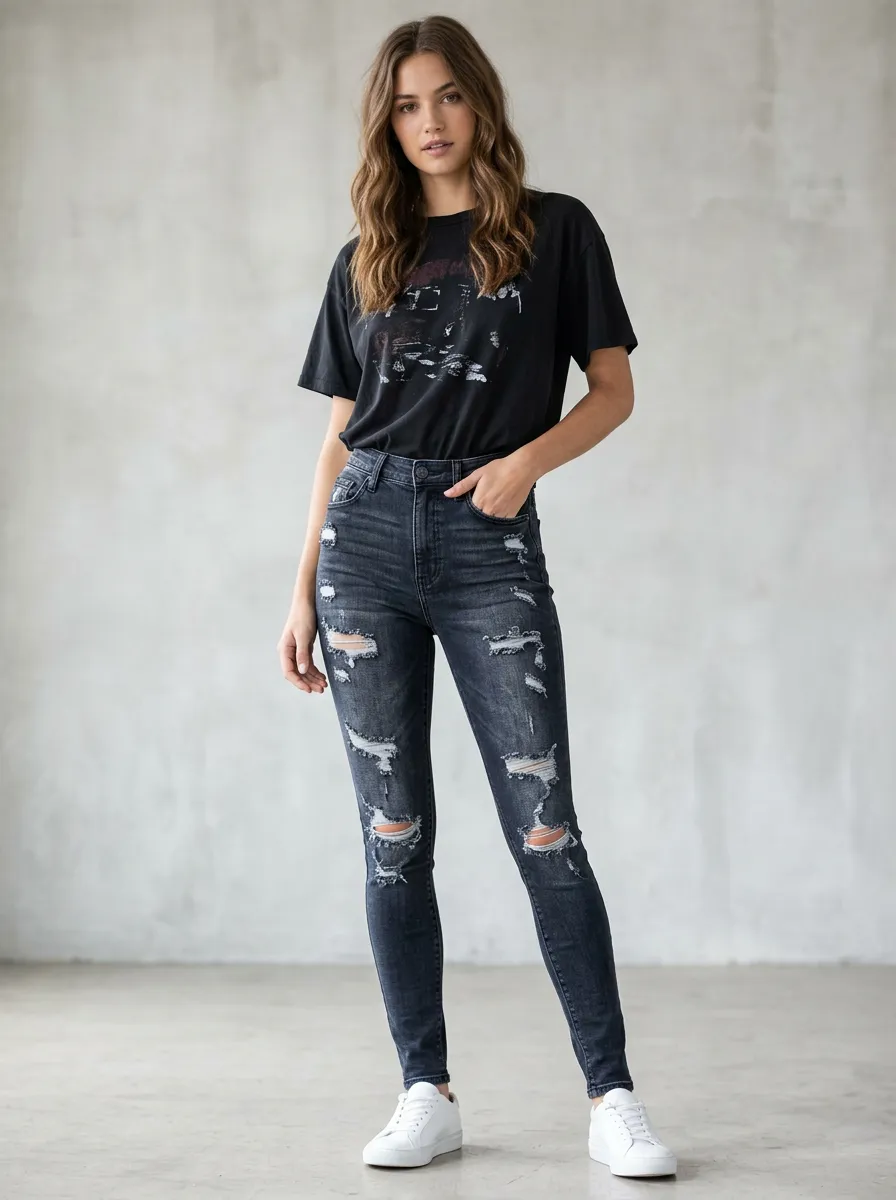 Women's High-Rise Distressed Black Denim Skinny Jeans