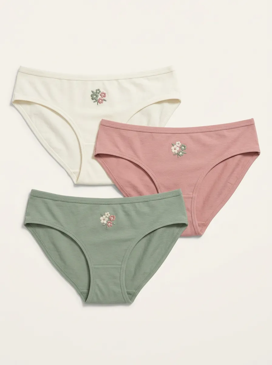 Women's Center-Front Floral Embroidered Bikini Briefs Three Pack