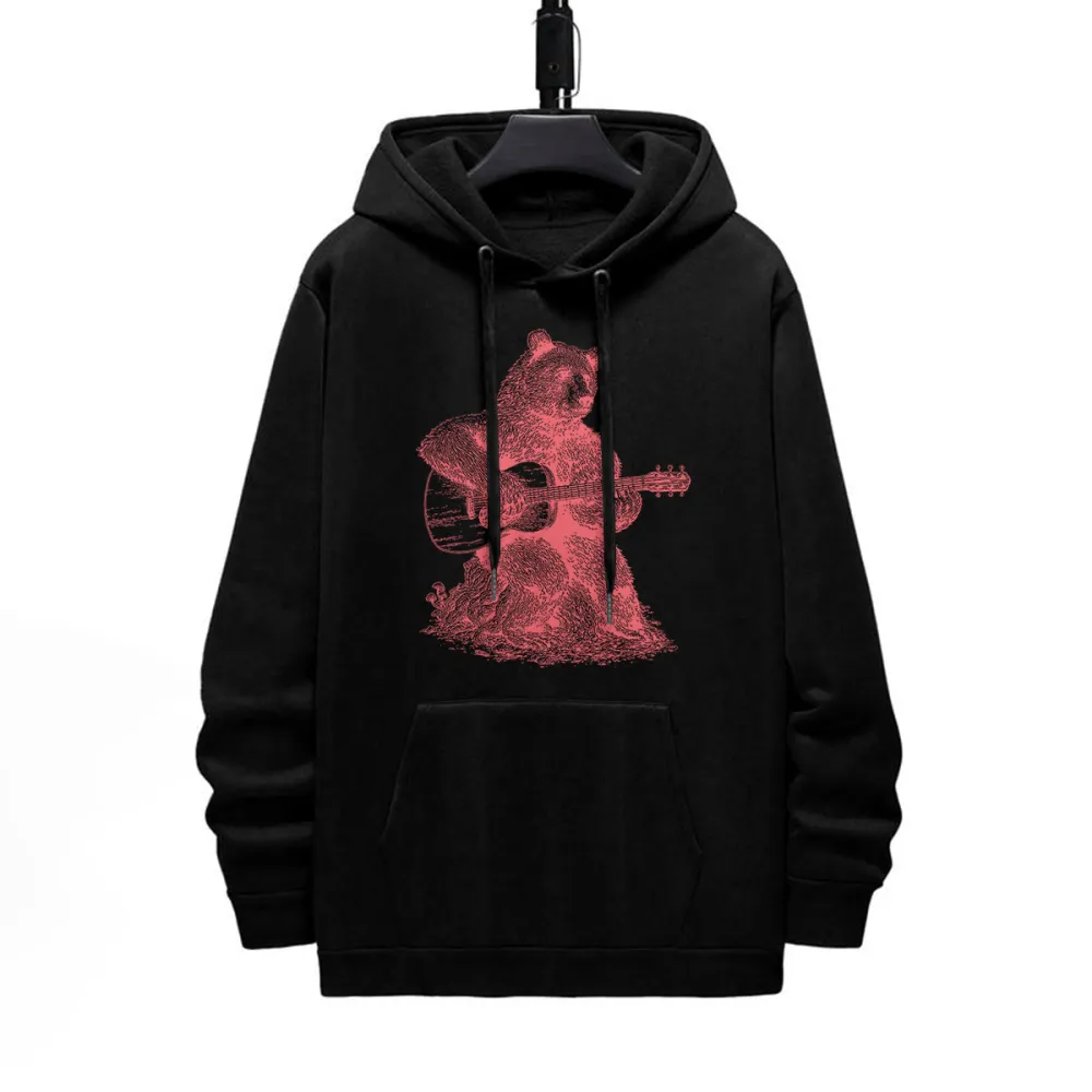 Bear Playing Guitar Pattern Printed Hoodie