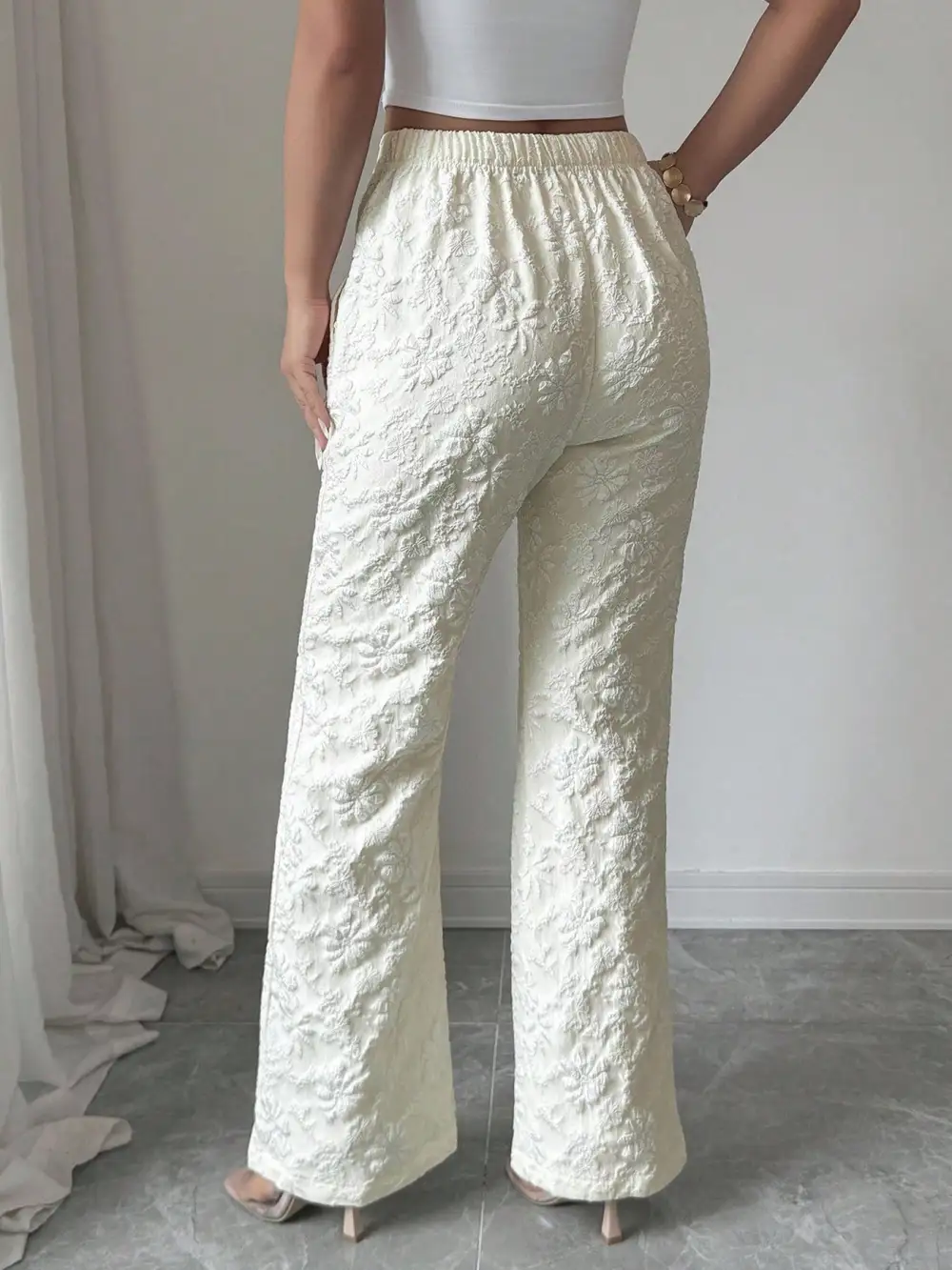Wide Leg High Waist Textured Pocketed Pants