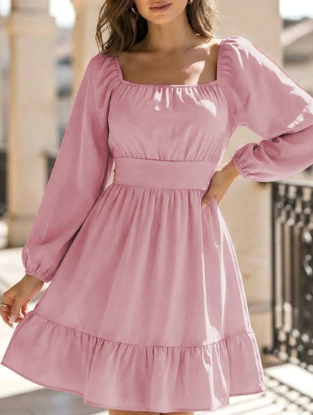 Square Neckline Ruffled Tie Up Short Dress