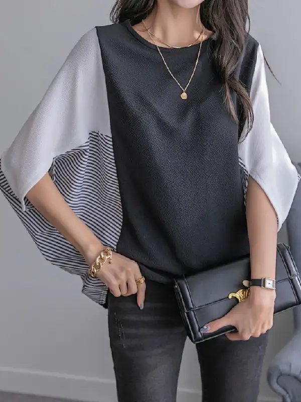 Batwing Sleeve Relaxed Contrast Panel Detail Round Neck T-Shirt