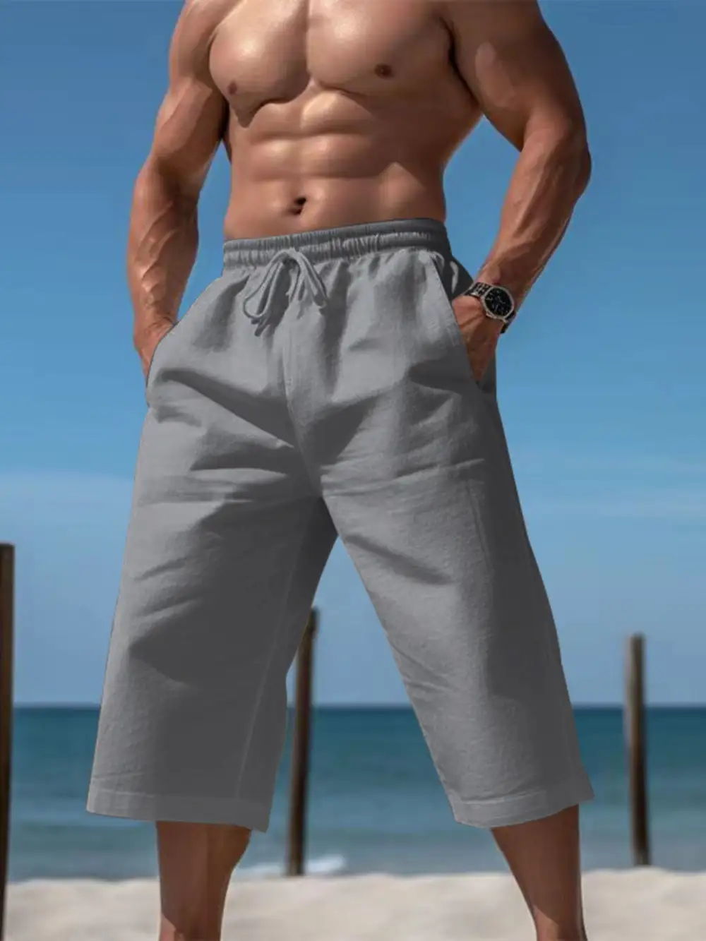 Men's Full Size Casual Drawstring Cropped Pants Plus