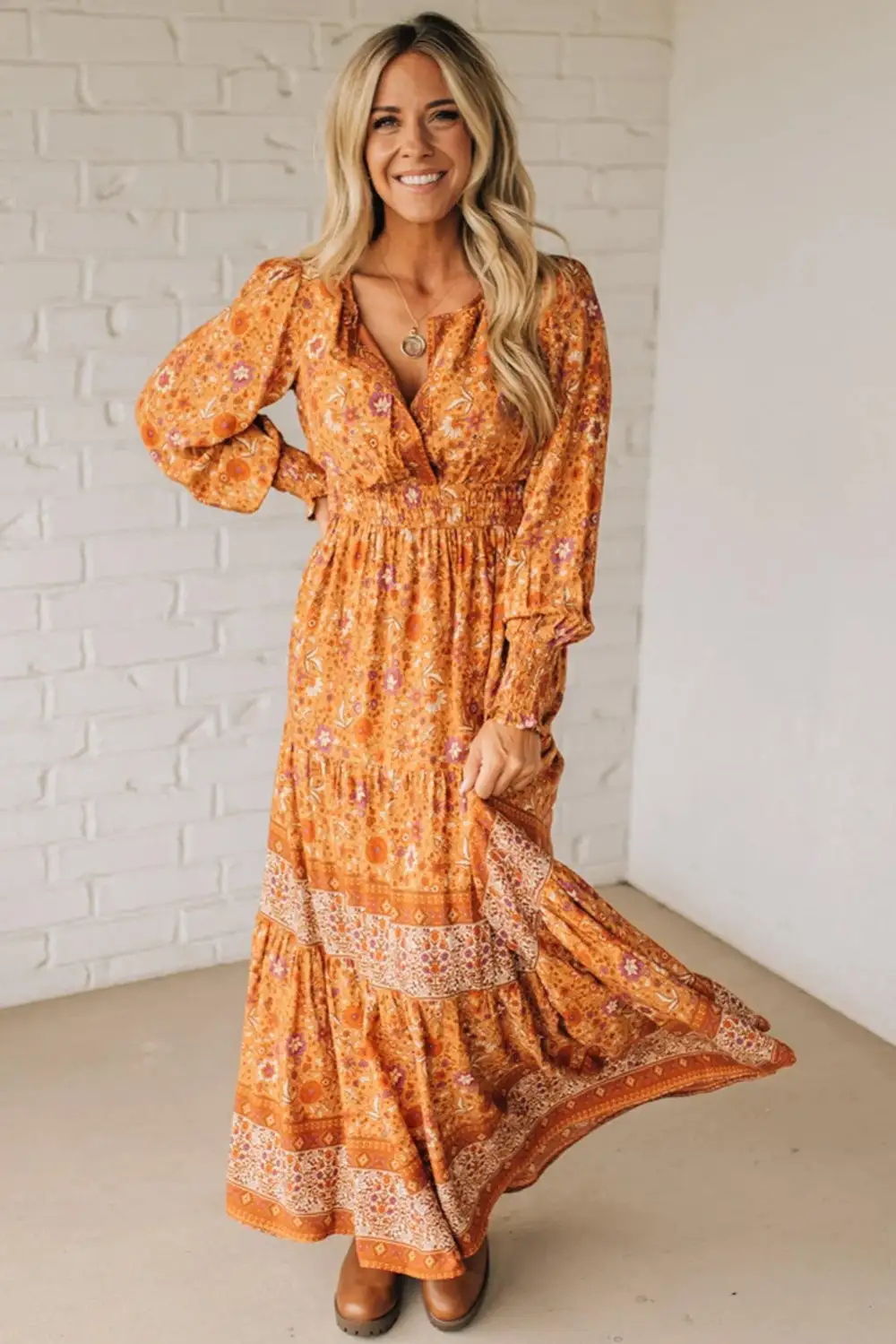 Polished Detail Floral Printed Smocked Maxi Dress