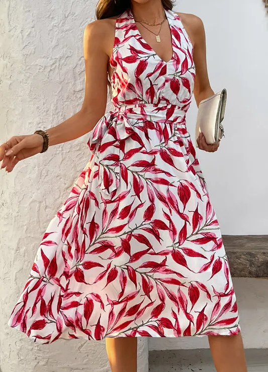 V Neck Tie Waist Midi Dress