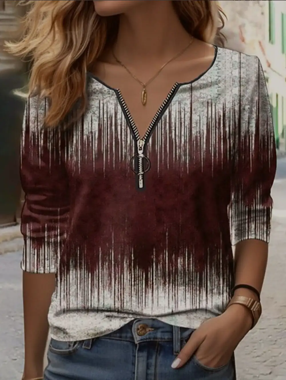 Printed Long-Sleeved Zip-Up V-Neck Tee