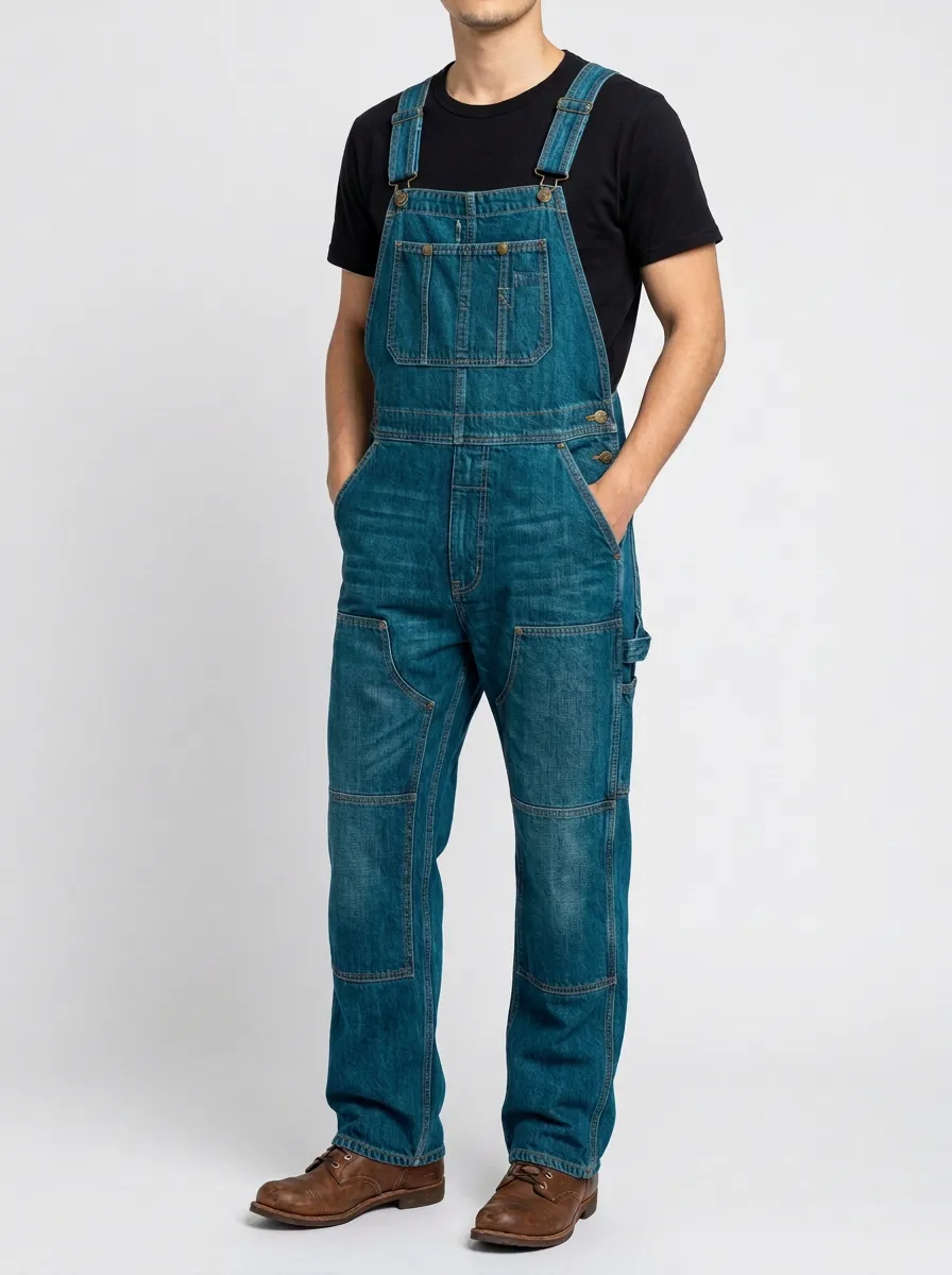 Men's Vintage Blue Denim Relaxed Workwear Bib Overalls
