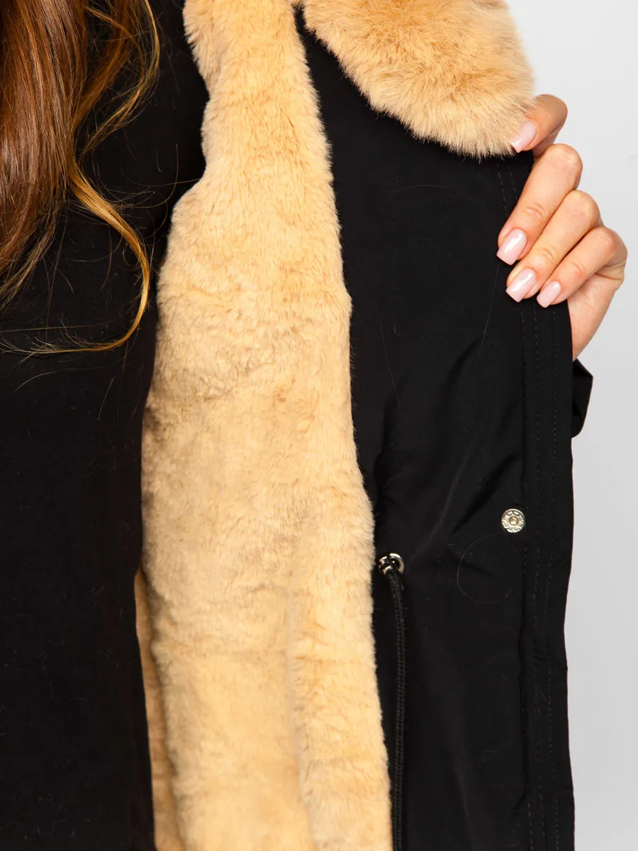 Black women's winter parka jacket with hood
