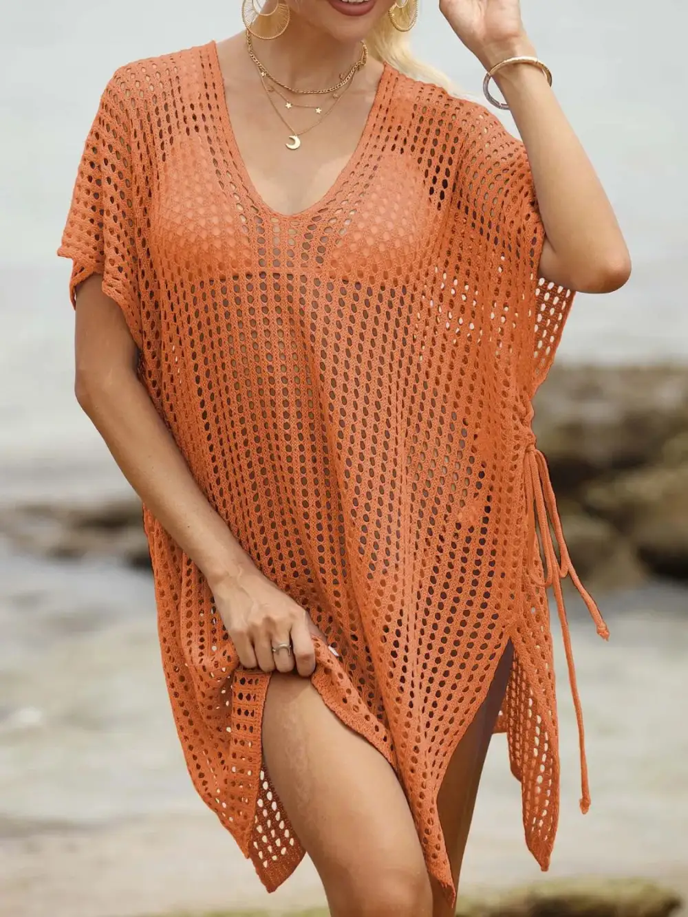 Side Tied V Neck Swim Cover Up