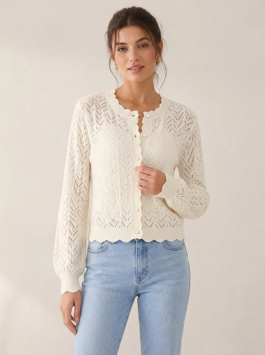 Women's Vintage Style Scalloped Edge Pearl Button Knit Cardigan