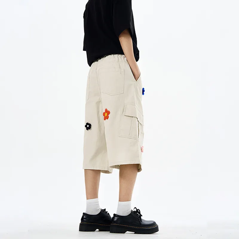 Embroidered Floral Multi Pocket Cargo Shorts