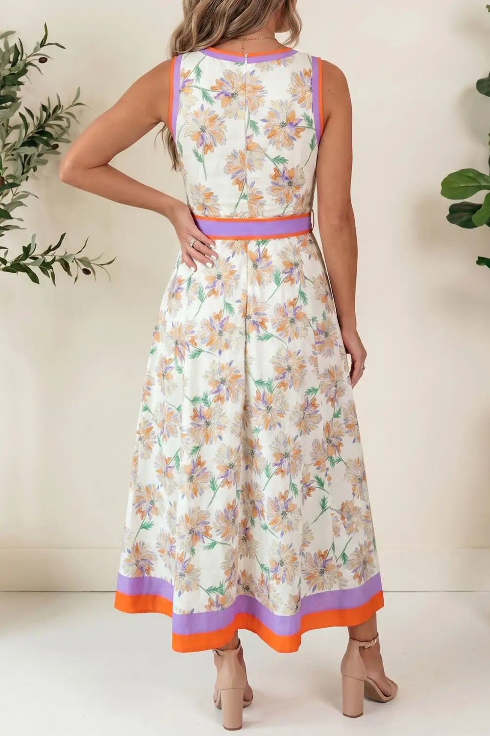 Floral Print Color Block Trim Belted Sleeveless Maxi Dress
