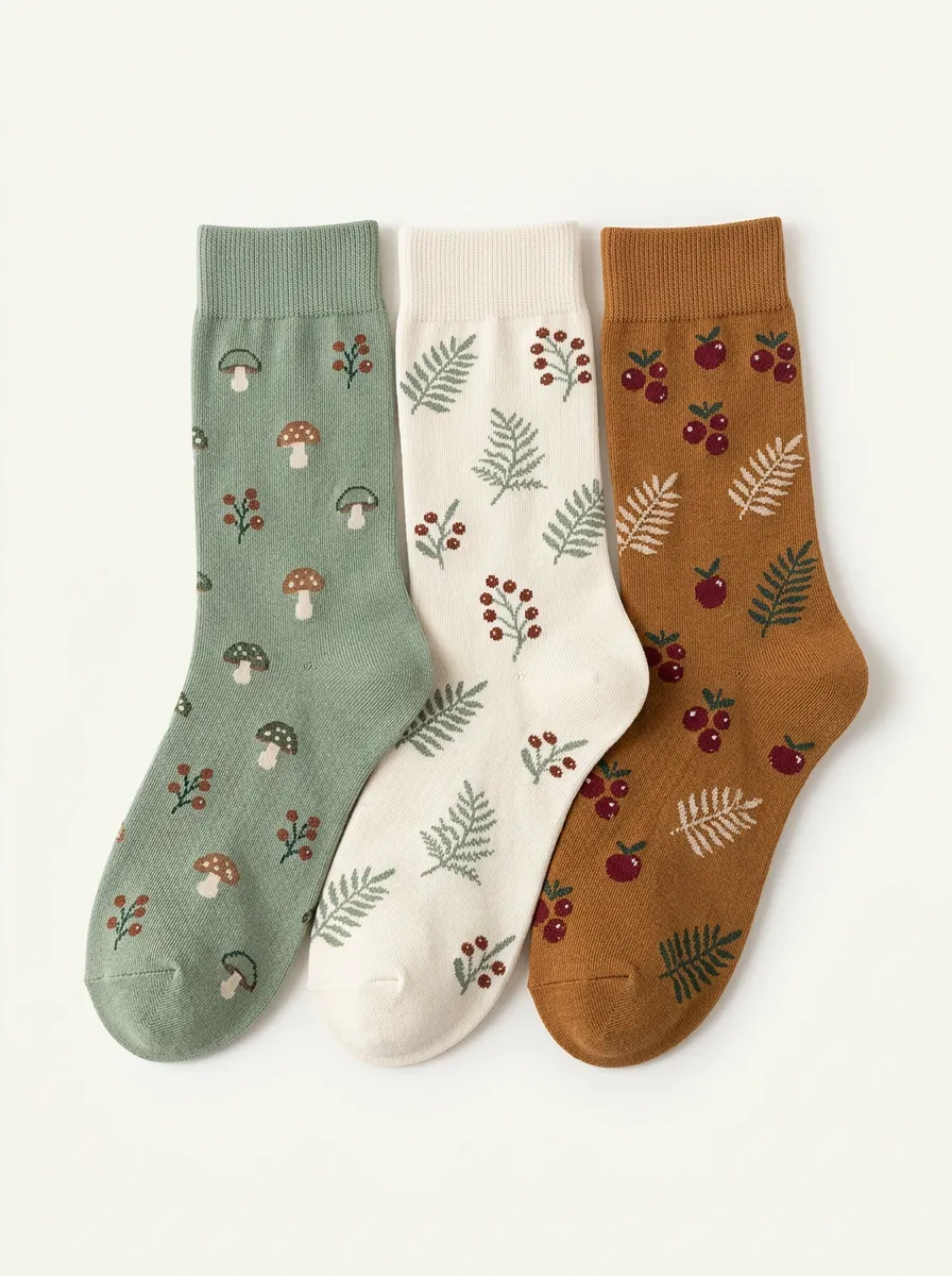 Playful Mushroom Fern Berry Three Pair Sock Set