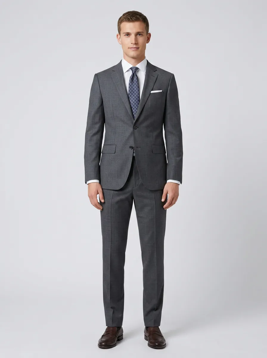 Men's Two Button Business Formal Charcoal Grey Solid Tailored Suit Set