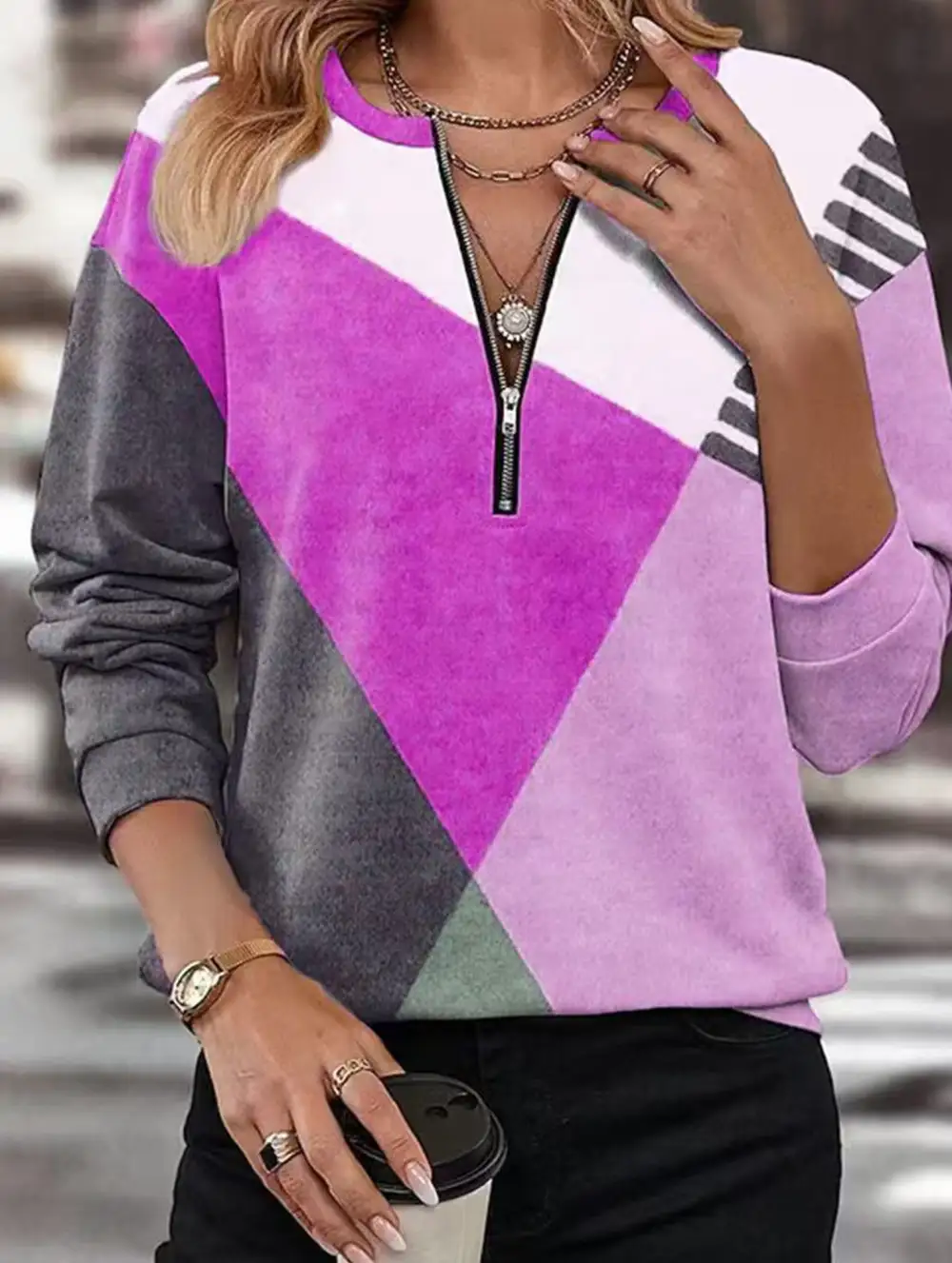 Panel Loose V Neck Sweatshirt
