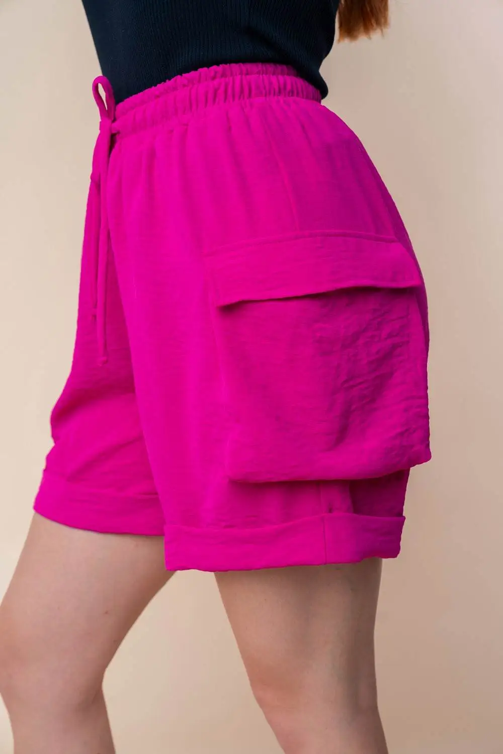 High Waist Drawstring Knit Cargo Shorts