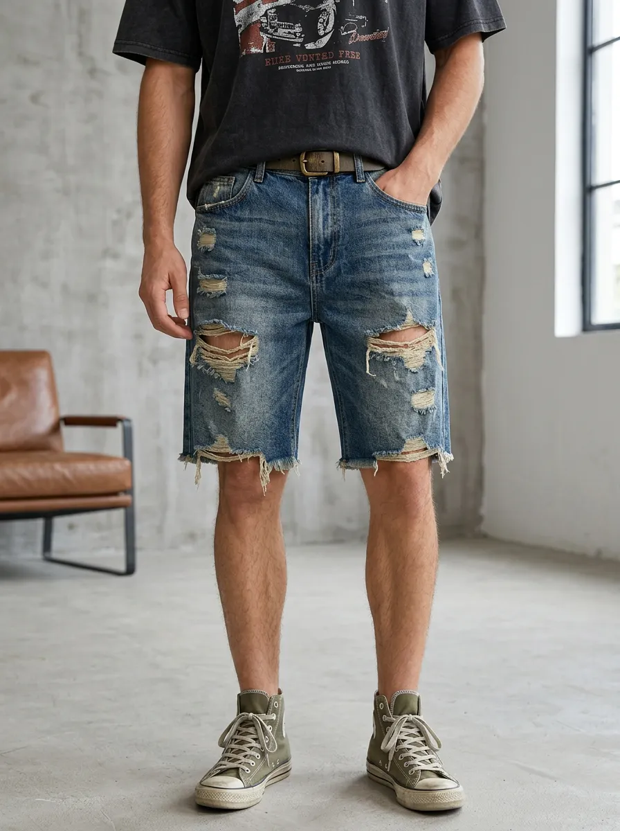 Men's Five Pocket Raw Hem Denim Shorts with Jean Detail