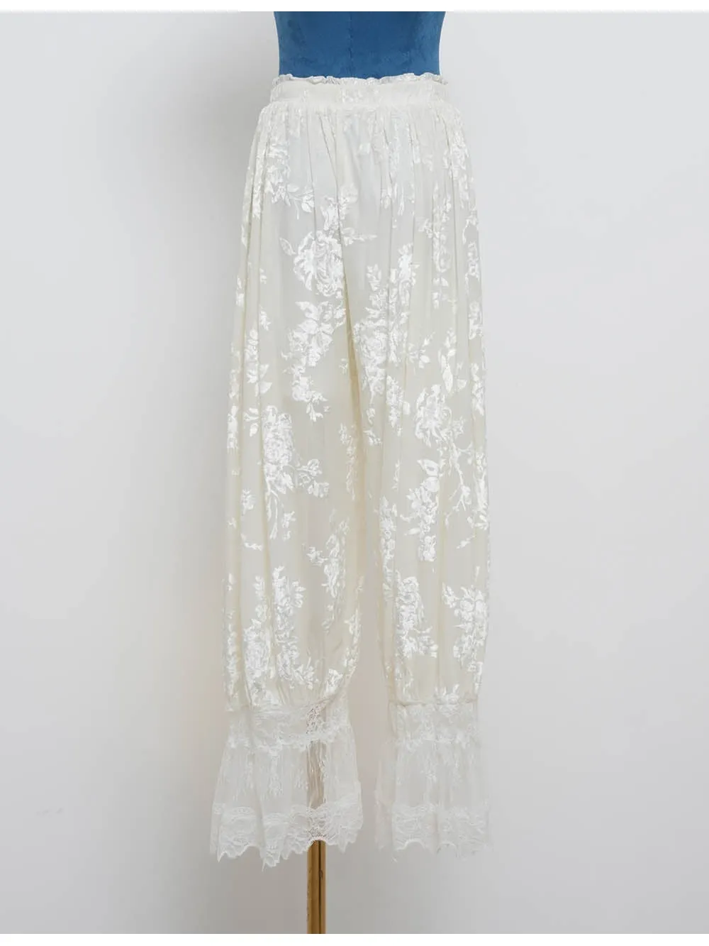 Lace Hem Flocked Elastic Waist Lantern Pants