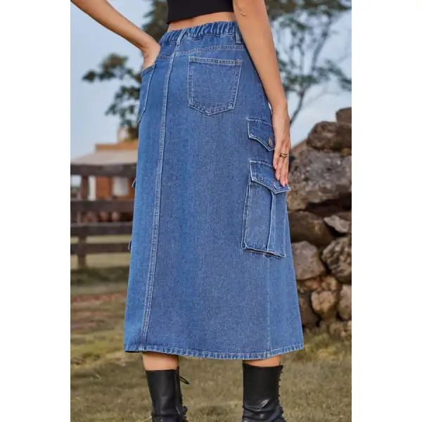 Slit Front Midi Denim Skirt with Pockets