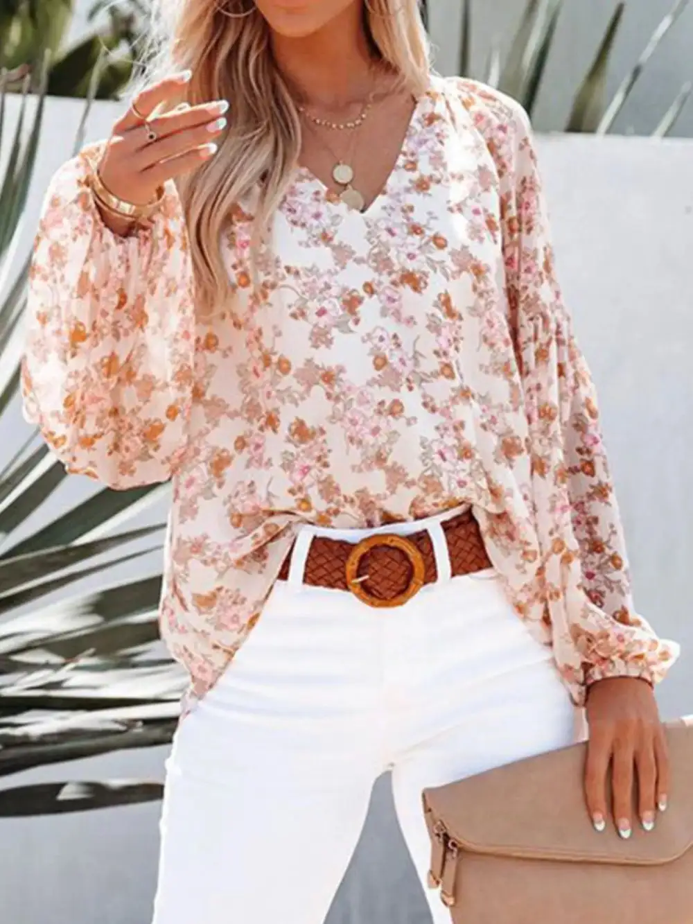 Floral Print V Neck Long Sleeve Blouse