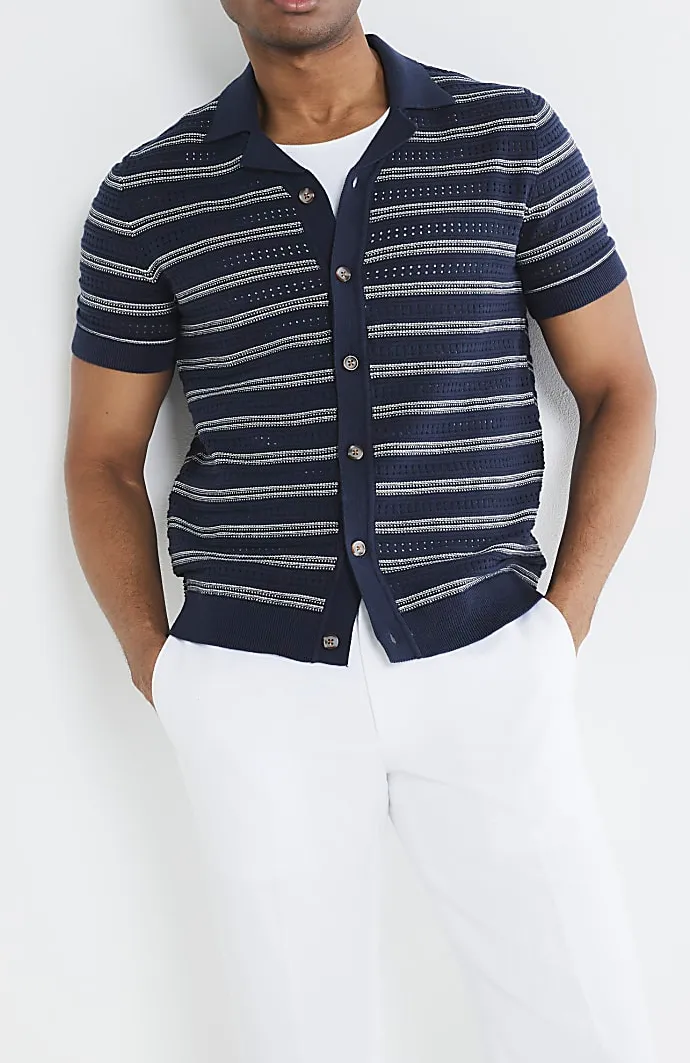 Fashion Casual Navy Blue Striped Texture Men's Short Sleeve Shirt
