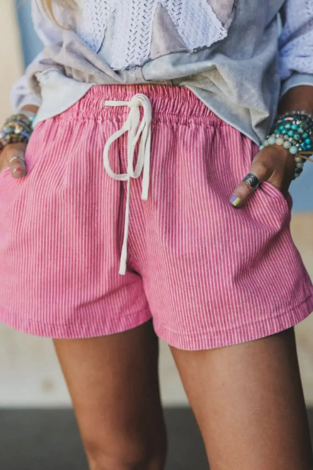 Striped Elastic Waist Casual Casual Shorts