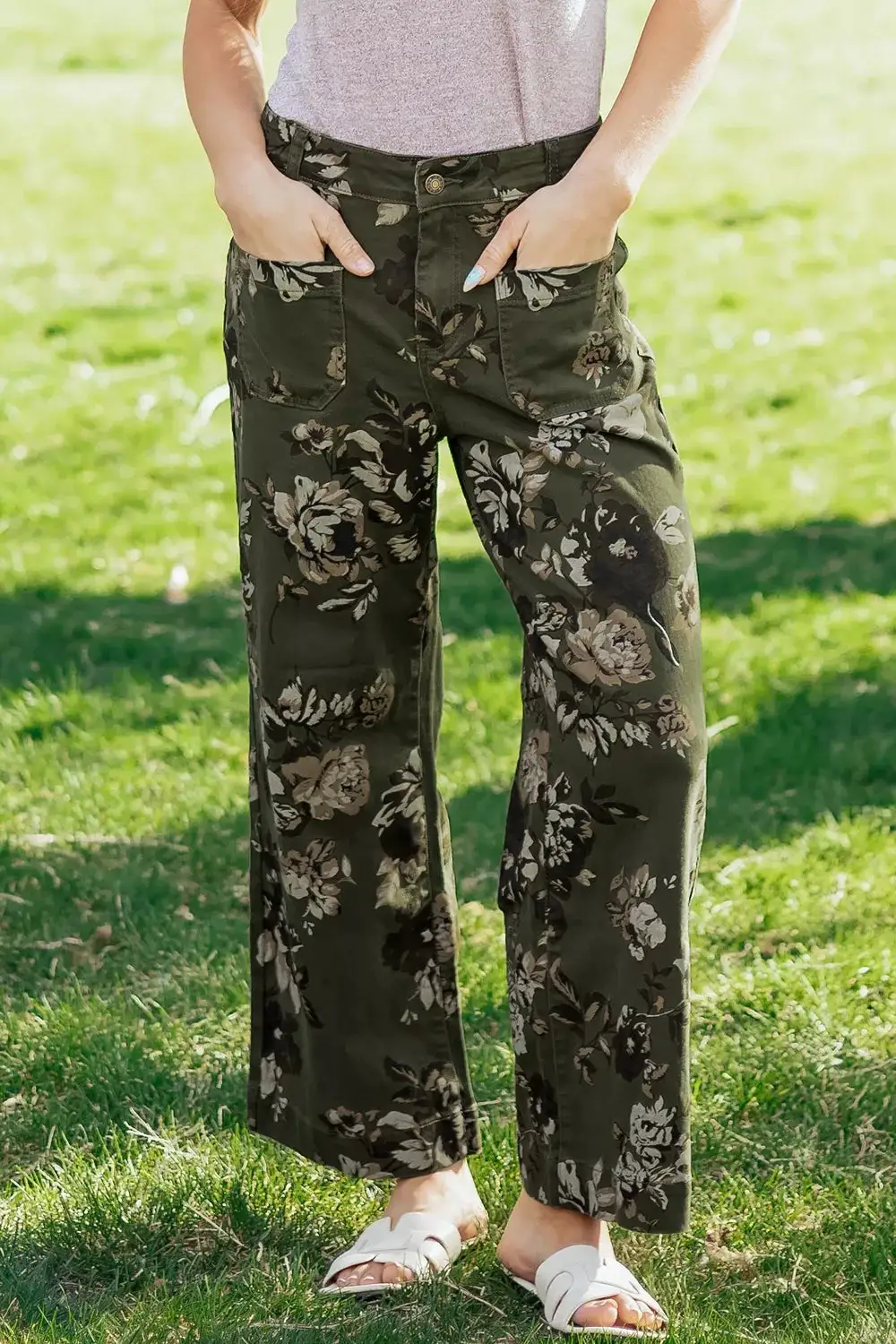 High Rise Floral Print Wide Leg Jeans