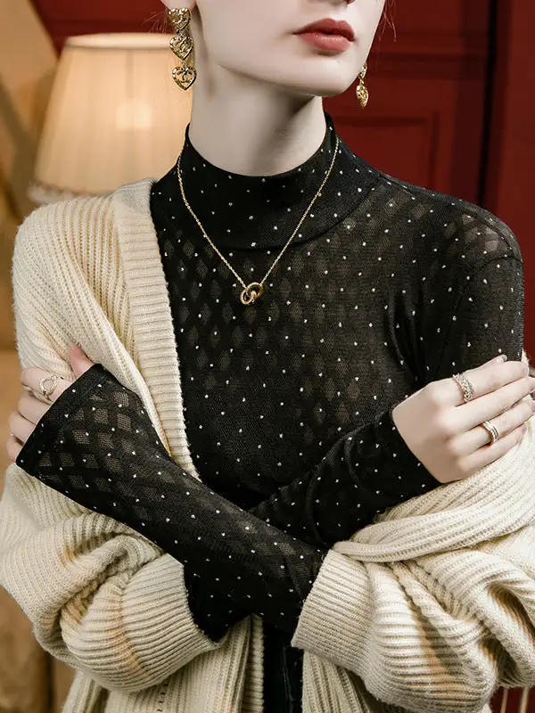 Long Sleeve Curve Fit Rhine Stones Sheer Panel Detail Mock Neck T-Shirt