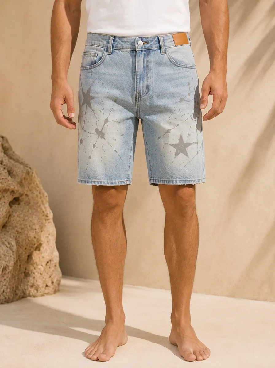 Men's Street Denim Star Pattern Paint Splatter Printed Denim Shorts