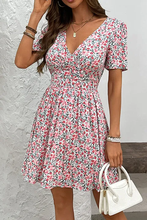V Neck Floral Print Casual Dress