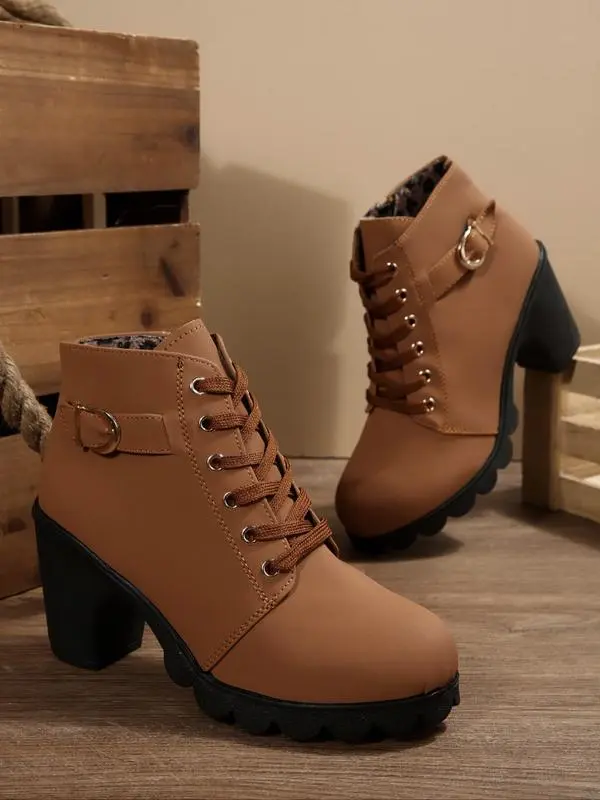 Women's Lace-Up Chunky Heel Short Boots, Metal Buckle Accent, Fashionable & Versatile