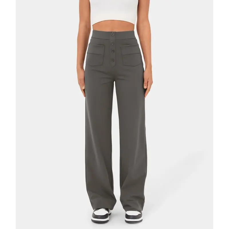 High Waisted Pockets Straight Leg Casual Pants