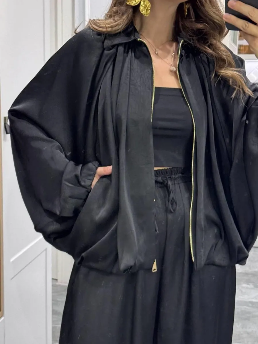 Women's solid color cross-section design casual zipper cardigan & pants set