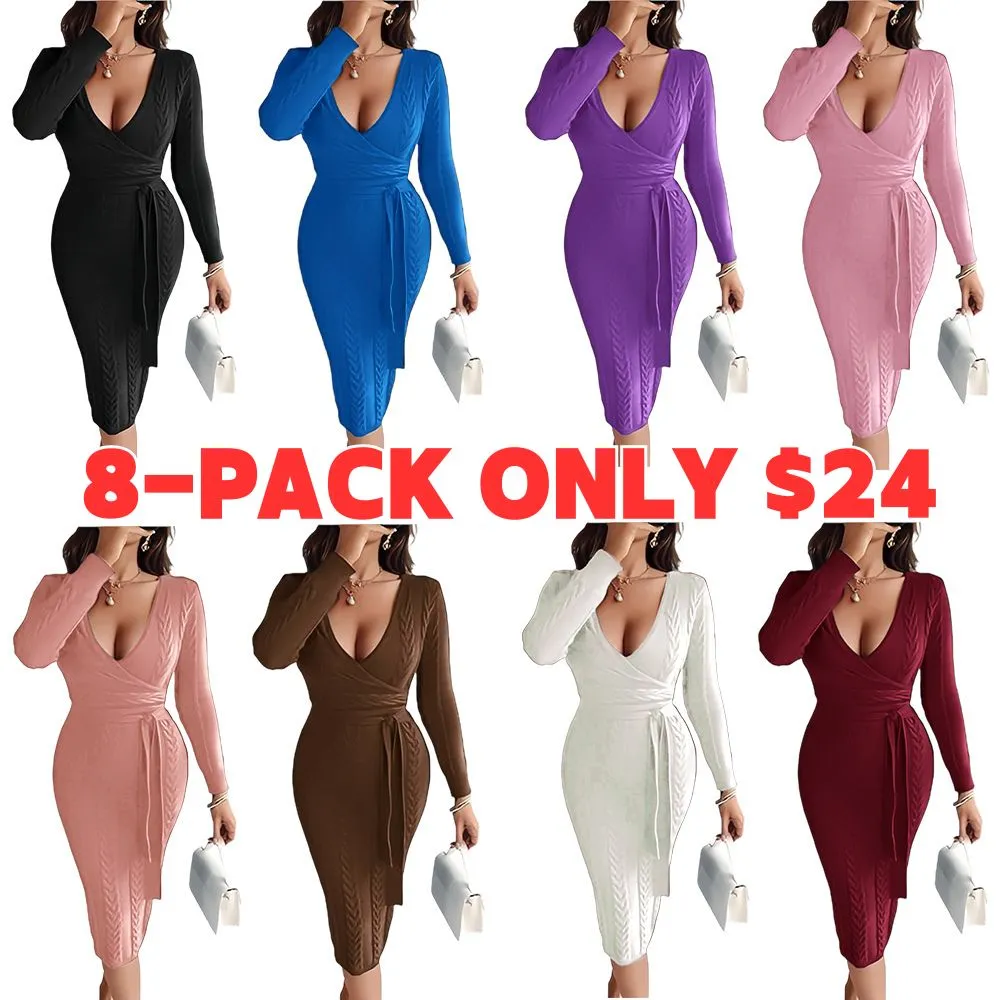 Women's Cable Textured Overlap Deep V-Neck Long Sleeve Mid-Length Dress Tie Waist Slim Fit Knit Dress