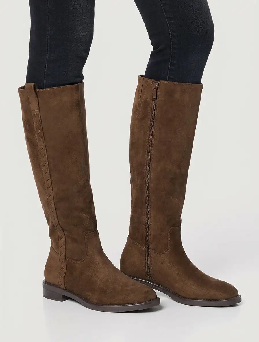 Vintage Inspired Block Heel Faux Suede Knee High Boots