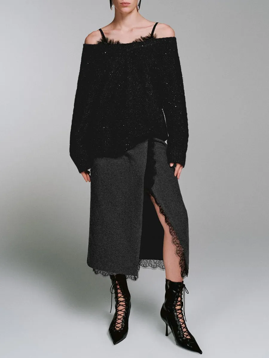 Lady's Off-The-Shoulder Sweater With Shiny Straps