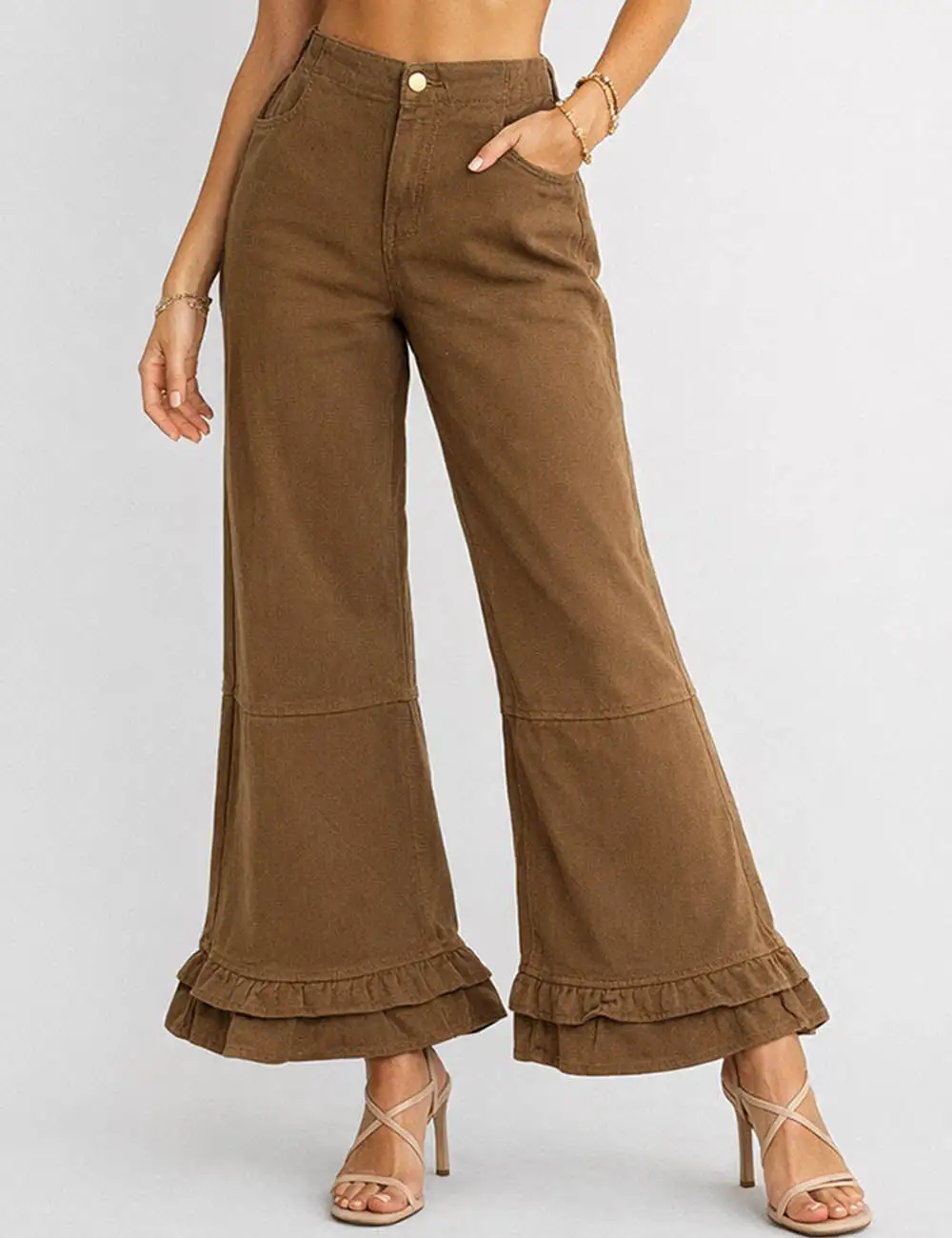 Ruffle Hem Jeans Elastic Waist Wide Leg Denim Pants