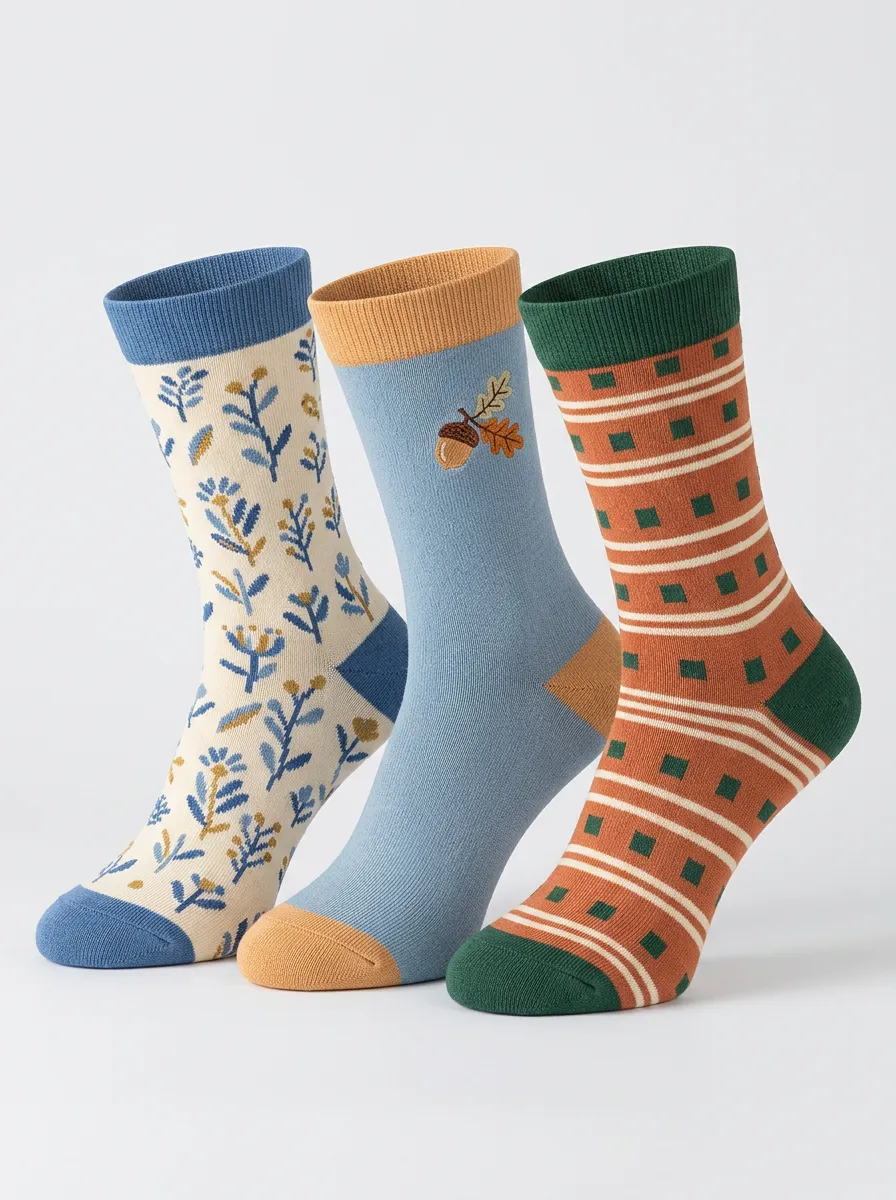 Women's Acorn Floral Geometric Nature Three-Pair Embroidered Crew Socks