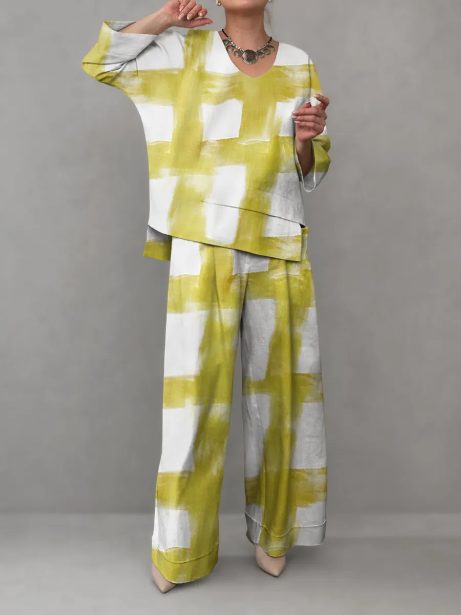 Print V Neck Blouse And Pants Set