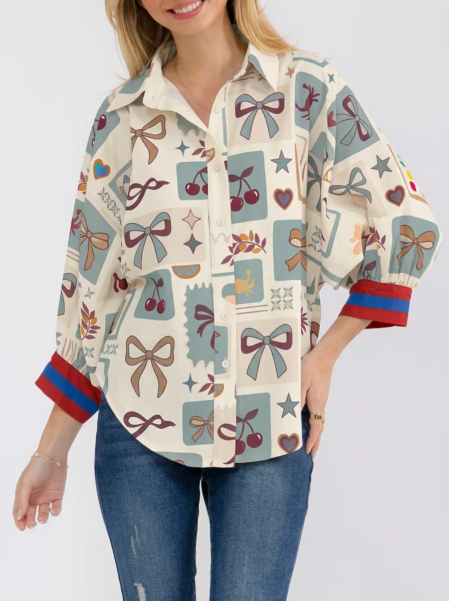 Women's Cute Aesthetic Bow Cherry Star Printed Button-up Shirt
